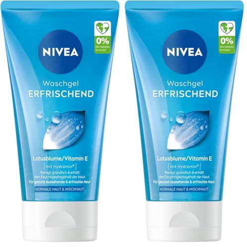 NIVEA Erfrischendes Waschgel, sanftes Reinigungsgel mit Vitamin E und Lotusblume, milde Gesichtsreinigung belebt die Haut und spendet Feuchtigkeit (150 ml) (Packung mit 2)
