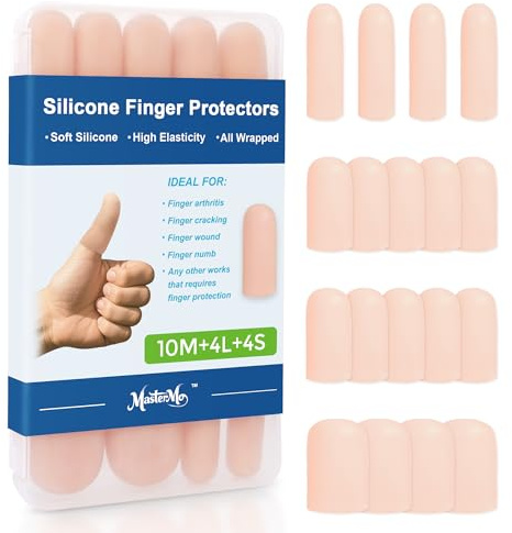 Gel Finger Cots Protectors, Silicone Fingers Covers Bandages Caps Sleeves for Fingertip Thumb Protection, Ideal for Trigger, Arthritis, Cracking, Blisters, Callus, Hangnail & Pain Relief (Nude, 10M+4L+4S)