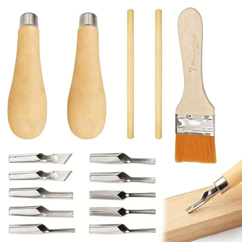 2 Set Lino Cutting Tools,Linoleum Cutter Tools,Lino Printing Tool with 1 Cleaning Brushes,for Printmaking Wood Carving Sculpture and Handicrafts Projects