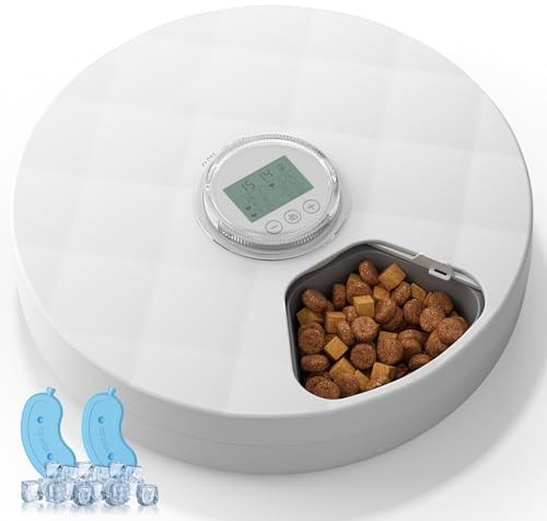The Fellie Automatischer Nassfutter Katzenfutterautomat, 6-Meal Zeitgesteuerter Spender mit 2 Kühlakkus, Kabelloser Batteriebetriebener Auto-Futterspender für Nass- & Trockenfutter, geeignet für