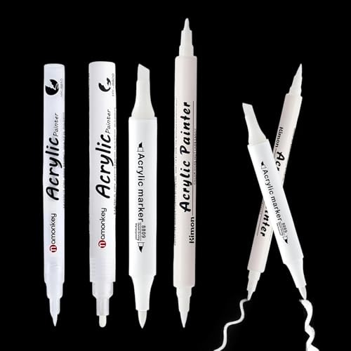 White Permanent Marker Pen 4pcs, White Acrylic Pen with Multi Tips (0.7mm, 1–3mm, 2mm, 6mm), Waterproof Opaque Paint Pens Quick Dry for Black Paper, Crafts, Clothes, Rock Painting, Wood & Ceramic Art