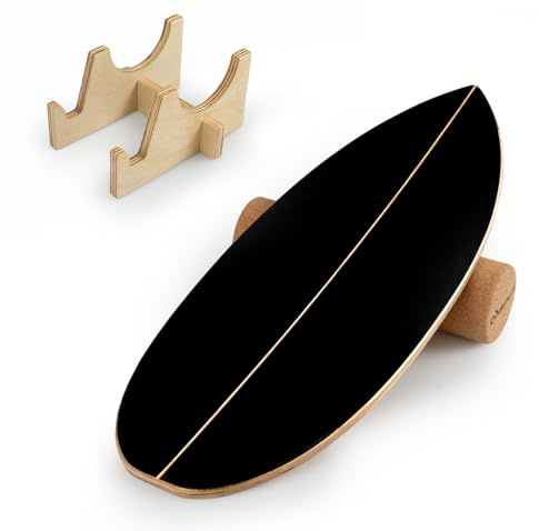 FANTASK Birkenholz Balance Board, Wackelbrett mit Korkrolle & Halterung, FSC-zertifiziert, Gleichgewichtstrainer belastbar bis 150 kg, Surfboard für Erwachsene, Indoor