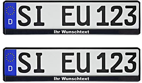 2 Stück Kennzeichenhalter schwarz mit Wunschtext beschriftet Kennzeichenhalterung