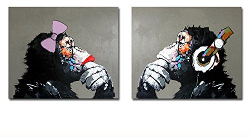 Fokenzary dipinto a mano a olio su tela pop art coppia di gorilli per ascoltare la musica decorazione da parete incorniciato pronto da appendere in tela 20x24inx2pcs
