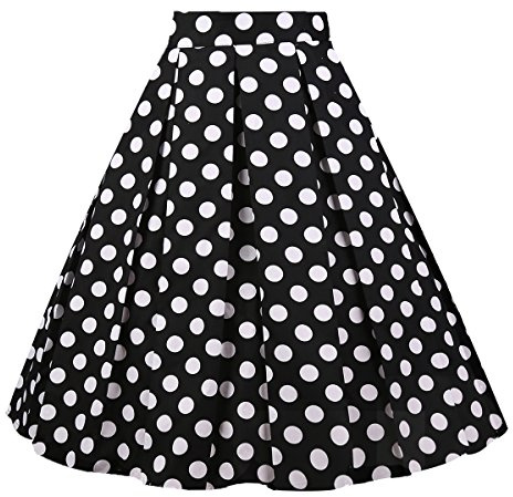 Girstunm Women's Pleated Vintage Skirt Floral Print A-line Midi Skirts with Pockets Black-White-Dot XL