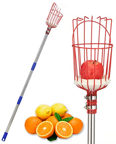 Fruit Picker, 8 FT Fruit Picker Pole with Large Basket, Length Adjustable Gardening Tools, Picking Peaches, Mango, Apple, Orange, Fruit Catcher for Trees with Metal Long Handle, Extra Carrying Bag