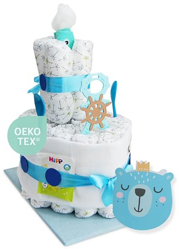 Windeltorte.com – Windelschiff für Jungen in Blau - inkl. 23 LILLYDOO Windeln | Geschenk zur Geburt | Taufgeschenk | Geschenk zur Babyparty – Handgefertigte Windeltorte (Junge)