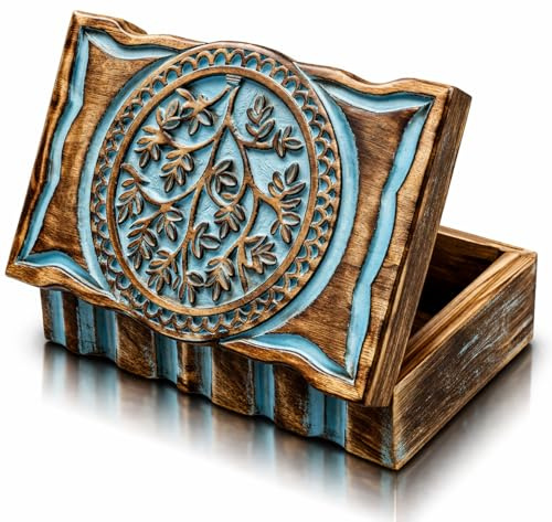 Great Birthday Gift Handmade Decorative Wooden Jewelry Box Tree Of Life Carving Jewelry Organizer Keepsake Box Treasure Chest Trinket Holder Watch Box Storage Lock Box Housewarming Gift (Blue)