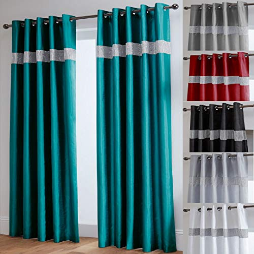 John Aird Diamante Fully Lined Faux Silk Eyelet Curtains (Teal, 90 Wide x 90 Drop)