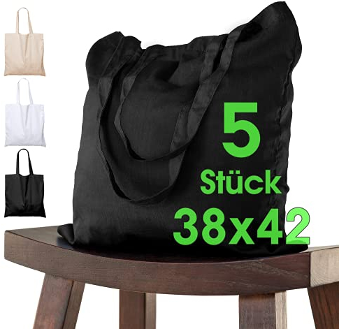 5 Stück Baumwolltasche 38 x 42 cm SCHWARZ unbedruckt lange Henkel Stofftasche Tragetasche Umhängebeutel Baumwollbeutel Jutebeutel ÖKO-TEX® Stoffbeutel Einkaufsbeutel Einkaufstasche leinentasche