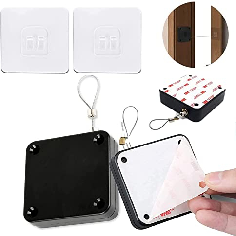 Homefantasy 2 Piezas,Cierrapuertas Automático con Sensor,Cierrapuertas automático,Punch-Libre de Cierre Automático con el Sensor, con Cordón Ajustable, Apto para Todo Tipo de Puertas（Negro）