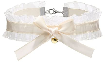 goodluxx Halskette mit Schleife, Spitze, mit Glöckchen, süßes Halsband, Halskette, schönes Cosplay-Kostüm, Zubehör für Frauen und Mädchen, Beige, Stoff, Perlen