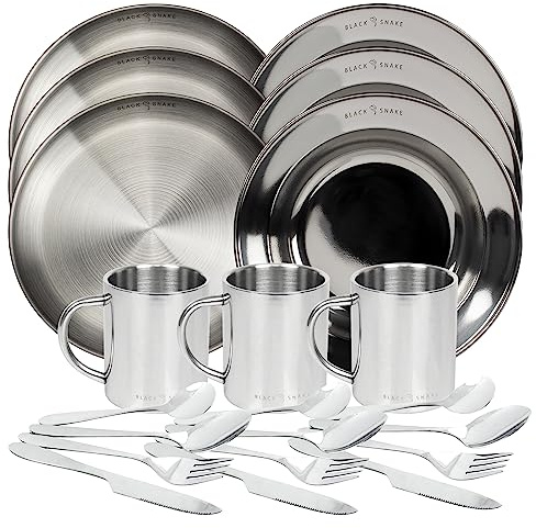 Black Snake® Camping Set - flacher & tiefer Edelstahl Teller mit Lunch-Besteck und Tasse - robustes Outdoor Geschirr für Camping, Wandern & Picknick - 3 Personen