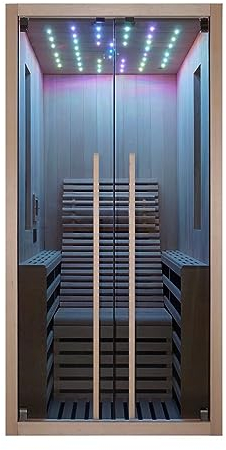 SANOTECHNIK Infrarotkabine Carbon 1 – 1 Person Infrarotsauna 100×130×195 cm | 8 Carbon-Heizplatten (1750W), LED-Farblicht, Bluetooth-MP3, 6mm ESG-Glas, Hemlockholz – Art.Nr.: F10100