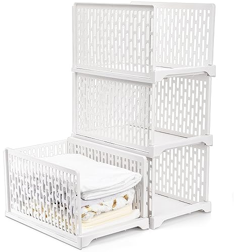 AVLA 4 Pack 38 Stackable Plastic Storage Basket, Plastic Foldable Closet Organizer Storage Bins, Wardrobe Storage Box Clothes Drawer Shelf Container for Cupboard Bedroom Dorm Bathroom Kitchen Office