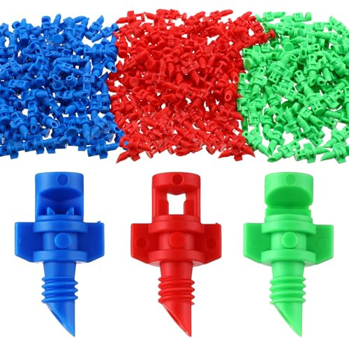 Tujoe 300 Pcs Micro Refraction Garden Sprinkler Sprayer Automizing Misting Nozzles Atomizing Nozzle Dripper for Hydroponic Lawn Plants Irrigation System, 90/180/360 Degrees, Green Red Blue
