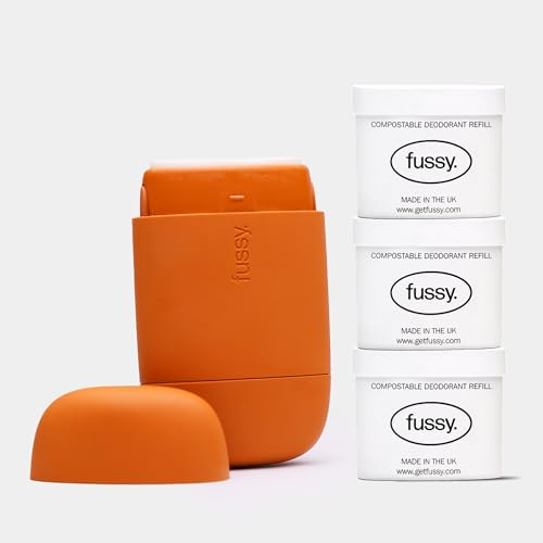 Fussy Refillable Natural Deodorant - Orange Case & Variety Refill Pack x3 | Wide Eyed, Night Tales & Wavy Days Scents, Natural, Aluminium Free, Eco-Friendly, Vegan & Cruelty Free, 24 Hour Protection