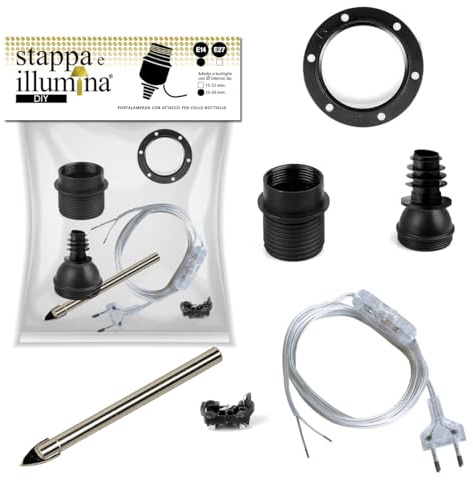 Stappa e illumina DIY + punta trapano per vetro | Portalampada E14 da assemblare per bottiglie con foro da 23 a 30 mm Portalampada bottiglie con foro (E14, Big Size)