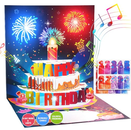Mozmmhi Biglietto di compleanno fai da te per età 3D, pop-up musicale, fuochi d'artificio, biglietti di auguri con candela gonfiabile, luce a LED, per donne, uomini, mamma e bambini