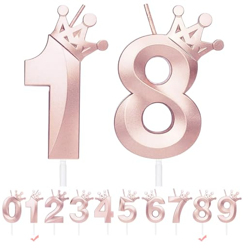 Candele Compleanno Numero 18,3D Oro rosa Candeline Compleanno con Corona,Candele di compleanno per torta,Candele per torte topper Ragazzo Ragazza,per feste di compleanno,anniversari (Oro rosa, 18)