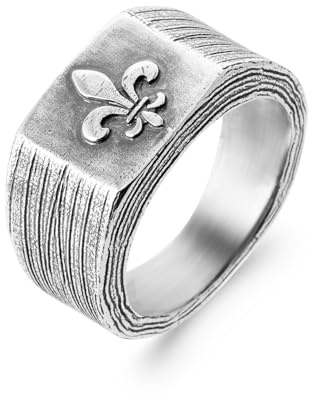 Bague Homme en Argent 925/000, Large Strié, Style Chevalière Motif Fleur de Lys Relief, bijou masculin, fete des peres, Marque Francaise (62)
