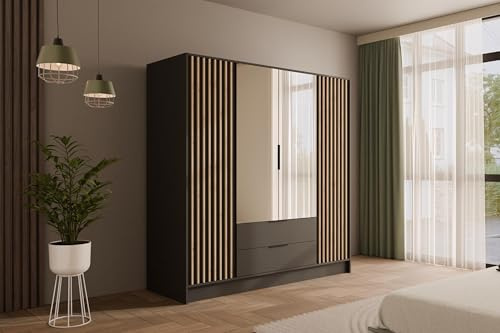 ALTDECOR Kleiderschrank mit Spiegel und selbstschließenden Lamellentüren, Lamellen, Flügeltüren - Nelia - 200 cm Graphit