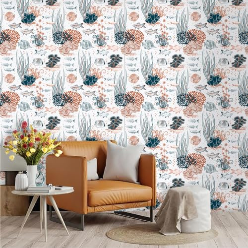 Selbstklebende Tapete Orange Coral Fish Strukturtapete Wandtattoo Schlafzimmer Tapete Selbstklebend Vliestapete Wallpaper for Living Room Tapeten Leicht zu Entfernen Wandschutzfolie 45x300cm
