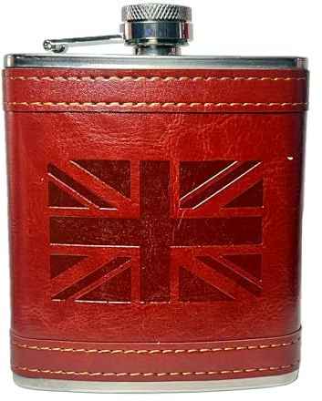 SAJAK 7oz Stainless Steel Hip Flask – PU Leather Wrapped with Union Jack Flag Engraving | Pocket Whisky Alcohol Flagon for Travel, Camping, BBQ, Wedding, Groomsmen & Souvenir Gift for Men & Women