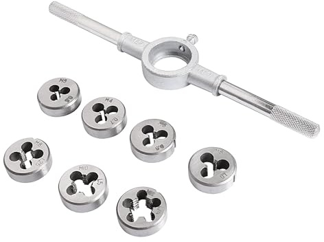 TOP-VIGOR 8-teiliges rundes Schneideisen-Set, M3, M4, M5, M6, M8, M10, M12, metrische Schneideisen und 25 mm Schneideisenhalter für Heimwerker, Reparatur, Schneiden von Außen- und Innengewinde
