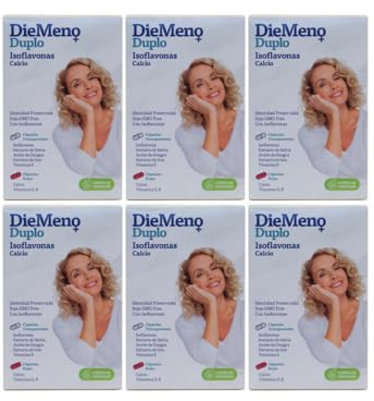 Diemeno Duplo - Isoflavonas Calcio, Complemento Alimenticio, Cápsulas Entéricas ricas en isoflavonas con Calcio, Aliviar Síntomas de la Menopausia, 30+30 Cápsulas Día - Pack 6 Unidades de 60 Cápsulas