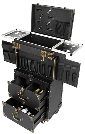 Rolling Lock Tren Maleta Cosmética Trolley Kits de Maquillaje Carro de Peluquería Estilista Salón de Belleza Equipaje Organizador de Viaje Caja de Herramientas, Negro , /
