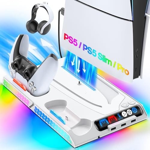 Tokluck Support de refroidissement pour PS5 Pro/PS5 Slim/PS 5 avec réglage automatique, base de charge manette PS5 avec ventilateur de refroidissement à 4 étapes, accessoires PS5 Original/Edge