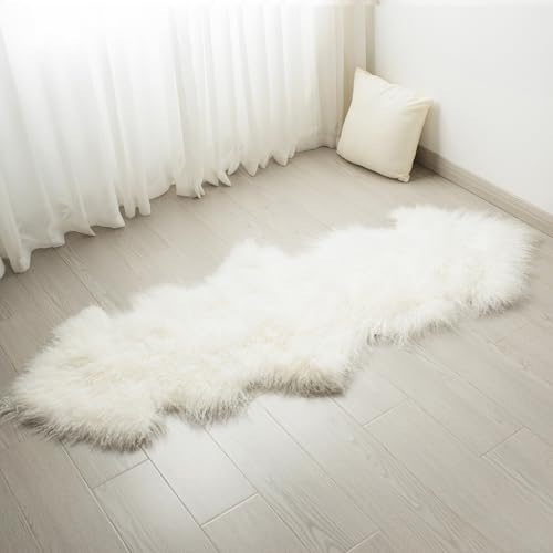CloudDwelling 100% Genuine Sheepskin Area Rug Real Lightweight Fluffy Soft Mongolian Long Wool Fur Carpet for Couch Bed Sofa Bedroom Living Room White 2x5ft