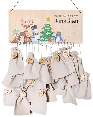 wunderwunsch® - Personalisierter Adventskalender zum selber befüllen - mit kinderfreundlichem Druck auf Holz - mit Juteschnur Jutesäckchen und Holzzahlen (Schneemann Tiere)