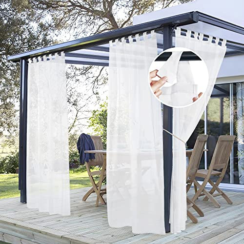 PONY DANCE Cortinas Impermeable Pergola Exterior Grandes de Porche, Visillos Blancos Transparente con Trabillas para Salon/Dormitorio, 2 Piezas,137x274cm(Ancho x Alto)