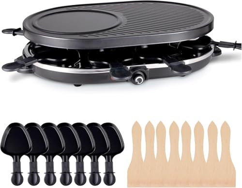 Raclette-set för 8 x personer – grillplatta och stenplatta non-stick belagd – bordsgrill inkl. pannor och skrapa (Rund)