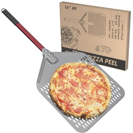 crosson Pizzaschieber Perforiert 14Zoll,35 x 80 cm Pizzaschaufel aus harteloxiertem Aluminium,Pizza-Schieber mit verlängertem Silikongriff für hausgemachte Pizza & Brot