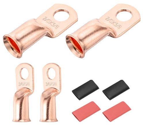DMiotech 4 Pcs 2/0 AWG - 3/8 Copper Cable Lugs, Battery Cable Ends, Heavy Duty Copper Wire Lugs with 4pcs Heat Shrink Tubing for Electrical Projects, Copper