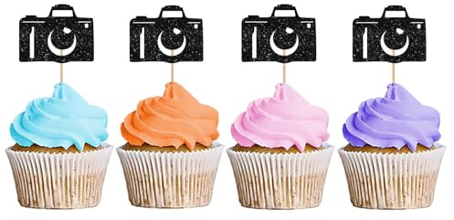 24PCS Camera Cupcake Toppers, Movie Themed Party Cupcake Toppers, Camera Dessert Picks, Photographer Birthday Party Decoration - Black Glitter