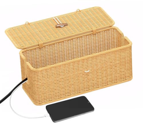 Kabelbox Handgefertigt, Kabelmanagement Box aus Rattan-Optik, Kabelbox mit Steckdosenleiste, Kabel Verstecken & Aufbewahrung, Kabelorganizer Box