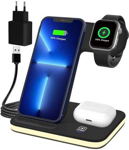 Caricatore Wireless Stazione di Ricarica, 3 in 1 Caricabatterie Wireless Charger Base per iPhone 16/15/14/13/12/11/Pro/Max/X/8/Plus, per Apple Watch 10/9/Ultra/8/7/6/SE/5/4/3/AirPods Pro 4 3 2