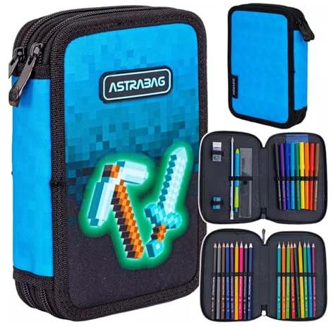 Goldkids - Federmäppchen 2 Fächer - Mäppchen für Mädchen und Jungen - Federmappe 2-Fach Federtasche Gefüllte Schüleretui Schulmäppchen und Hausaufgabenheft - Blue Pixel