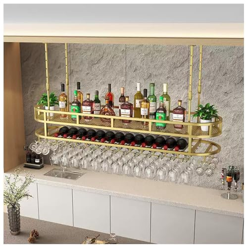 Suspended Ceiling Wine Rack,Industrial Iron Wine Shelf Wall Mounted,Organizer Wine Display Stand,Multi Tier Wine Rack with Wine Glass Hooks,Adjustable,for Kitchen,Bar,Cafe (Gold, 100X35cm)