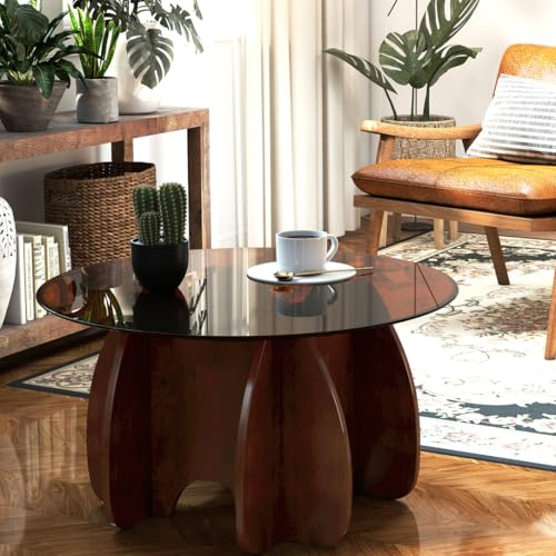 RUBAPOSM Round Glass Coffee Table - 30 Inch Diameter Brown Tempered Top with Walnut Solid Wood Legs - Modern Mid Century Center Trestle for Living Room Small Spaces and Minimalist Home Decor Furniture