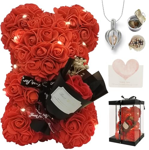 MS.ROXYQUE Romantic Valentines Day Gift for Her, Artificial Flowers Necklace Rose Teddy Bear with Real Pearl Blind Box Birthday Gift, Wedding,Valentiness Day Gift for Monther Wife Grandma Girl (Red)
