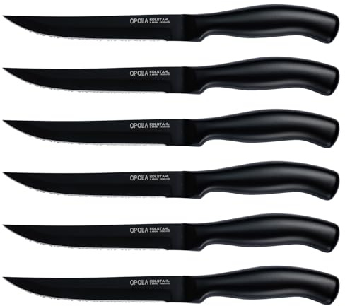 OPOLIA Serrated Steak Knife, 6-PCS, Ergonomic Handle, Black | Stainless Steel Serrated Steak Knife Set, Durable Multipurpose Kitchen Knives with Comfort Grip, Sharp Dinner Table Knife Set