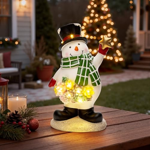 GIGALUMI Schneemann Statue Gartendeko, Gartenornamente für den Außenbereich mit 9 LEDs, Geschenke für Mama, Geburtstagsgeschenke für Frauen, Dekorationen für Terrasse, Hof