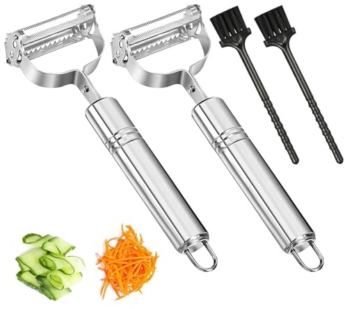 deegbbyi 2 Piezas Pelador, 17,8 CM Pelador Multifuncional, Rallador y Peeler 2 en 1, Incluye 2 Cepillos de Limpieza, para Zanahorias, Pepinos, Calabacines, Patatas, Frutas