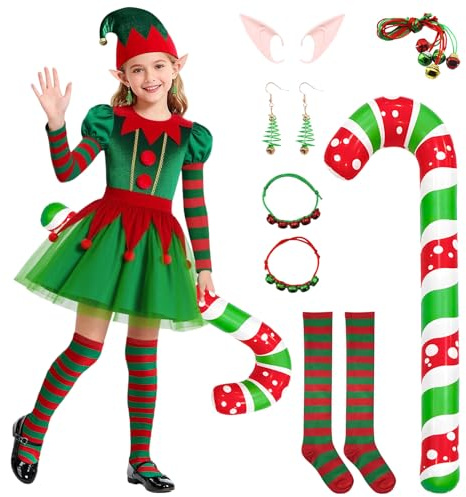 SERTAS Weihnachtself Kostüm Elfen Kostüm Weihnachten, Zauberhaftes Elfen-Outfit mit Stirnband und Socken, Christmas Elf Costume für Weihnachtsfeiern Cosplay