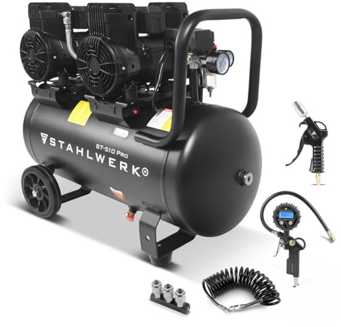 STAHLWERK Compressore serbatoio 50 L (ST-510 Pro) – dotazione completa con accessori – senza olio & silenzioso, 10 bar, compressore d'aria con motori brushless, 3,94 CV, 2,9 kW, 500 l/min